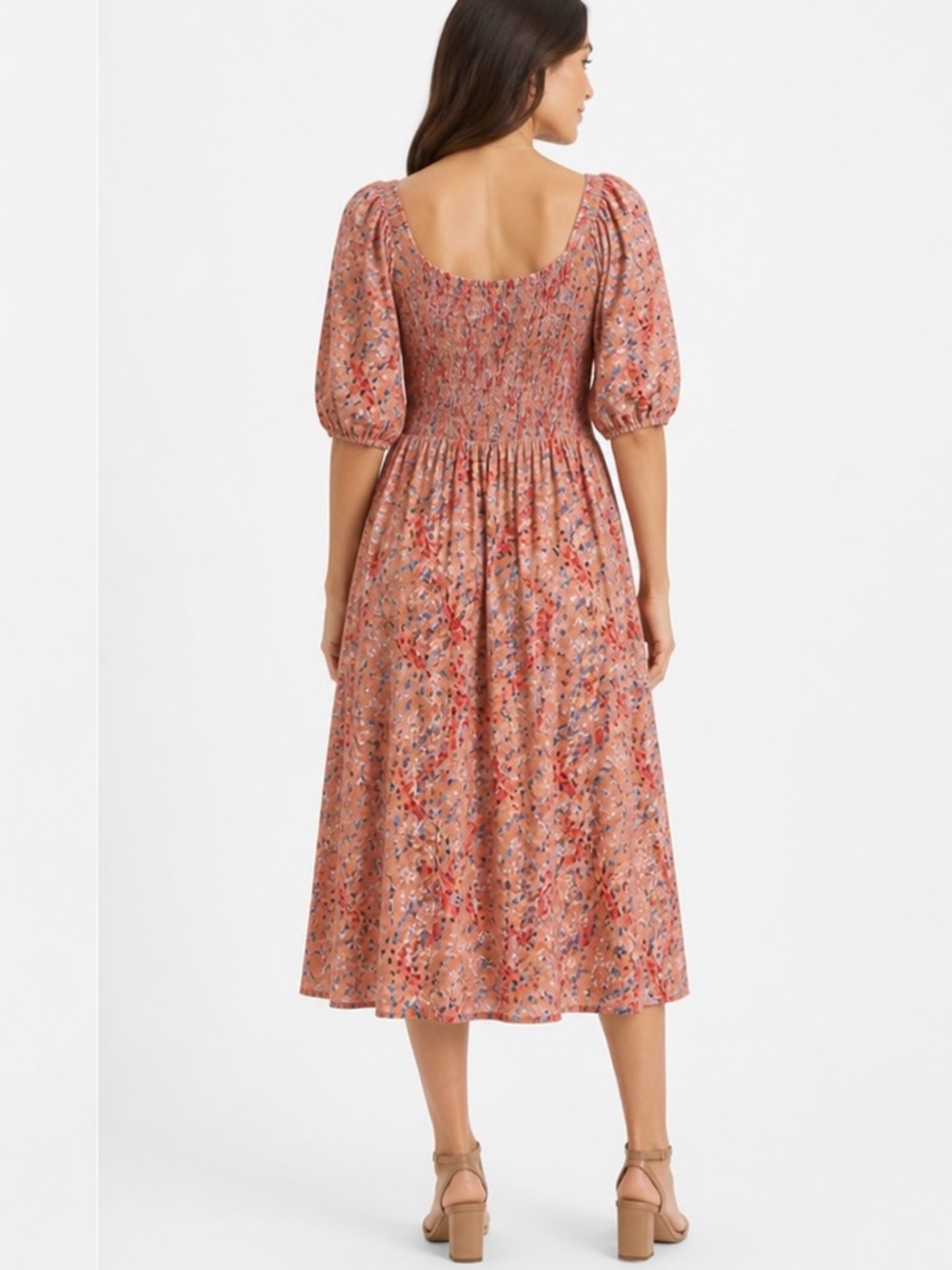 Jessica Simpson Simona Midi Dress Smocked Bodice Pockets Peach Blue Floral 3X - Picture 3 of 12